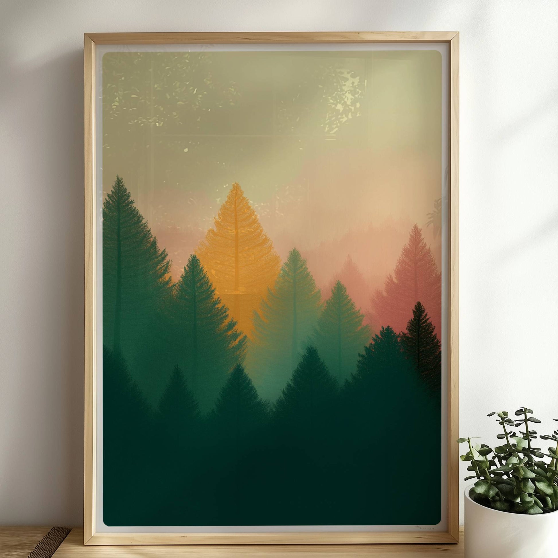 Goldene Tannen im Abendlicht, Naturmotiv Wald.. Rahmen natur 50x70