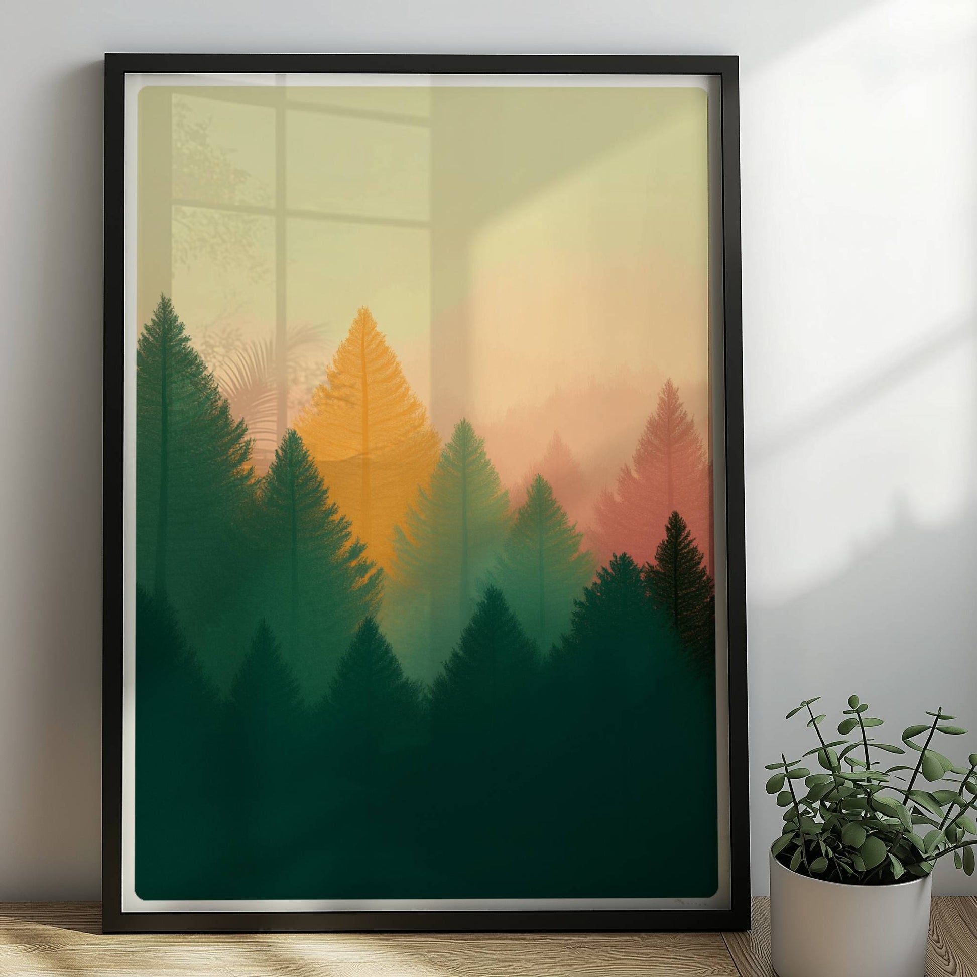 Goldene Tannen im Abendlicht, Naturmotiv Wald.. Rahmen schwarz 50x70