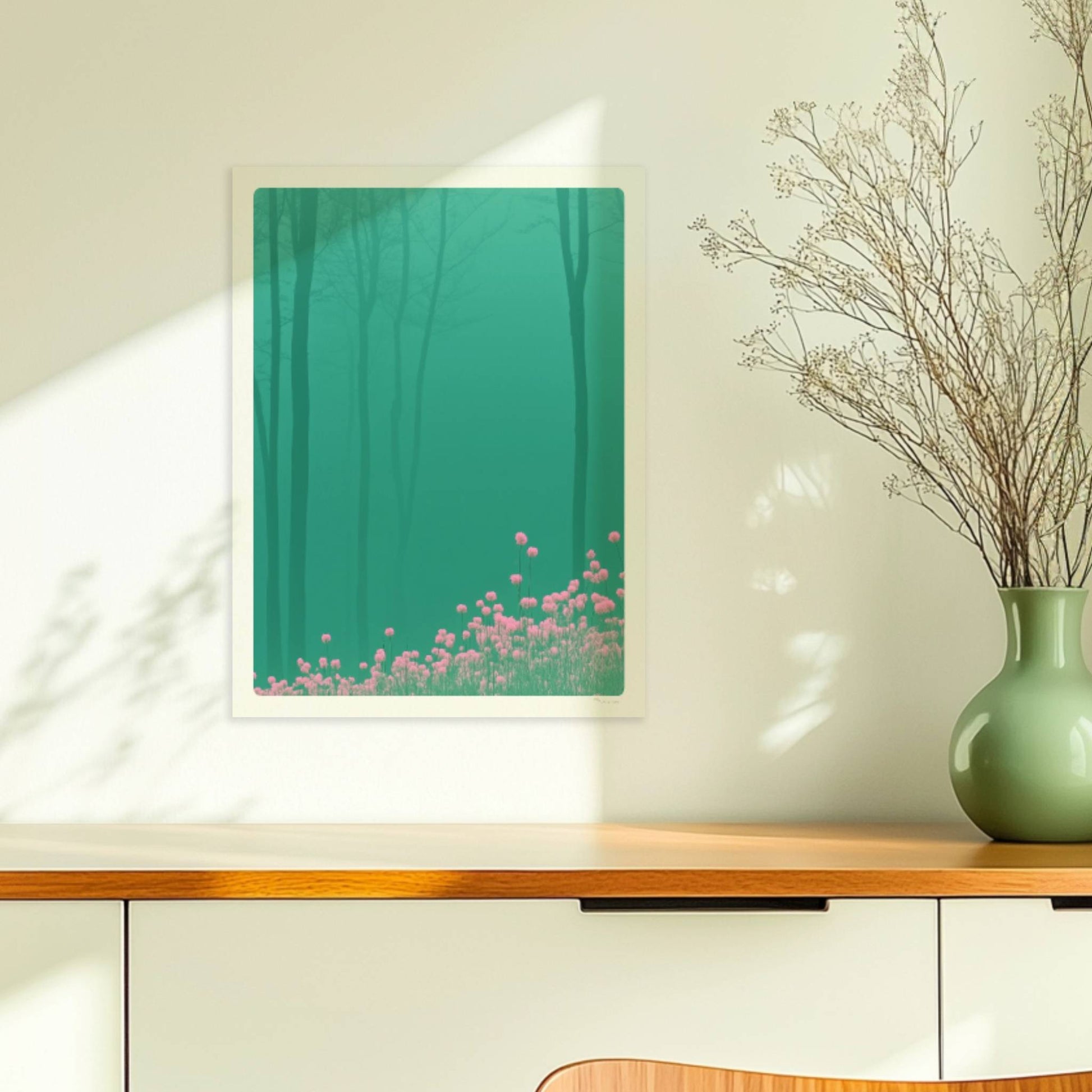 Waldszene mit rosa Blumen im Vordergrund.. Ohne Rahmen 30x40
