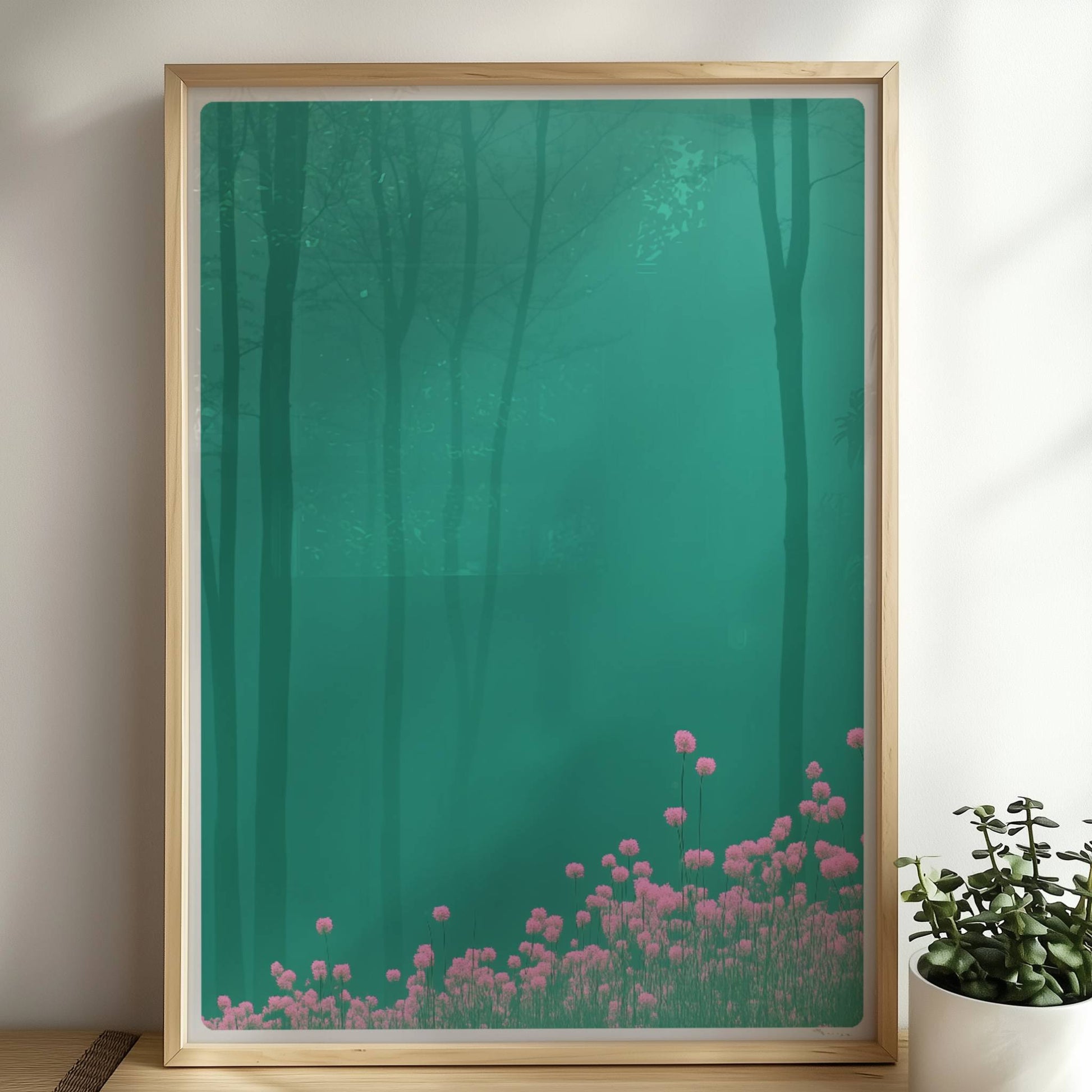 Waldszene mit rosa Blumen im Vordergrund.. Rahmen natur 50x70