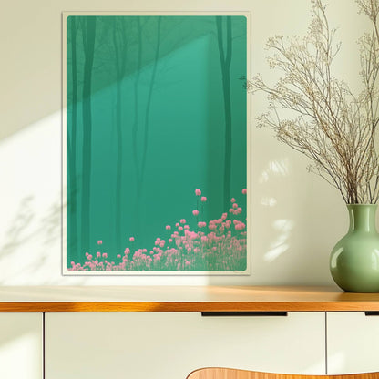 Waldszene mit rosa Blumen im Vordergrund.. Ohne Rahmen 50x70