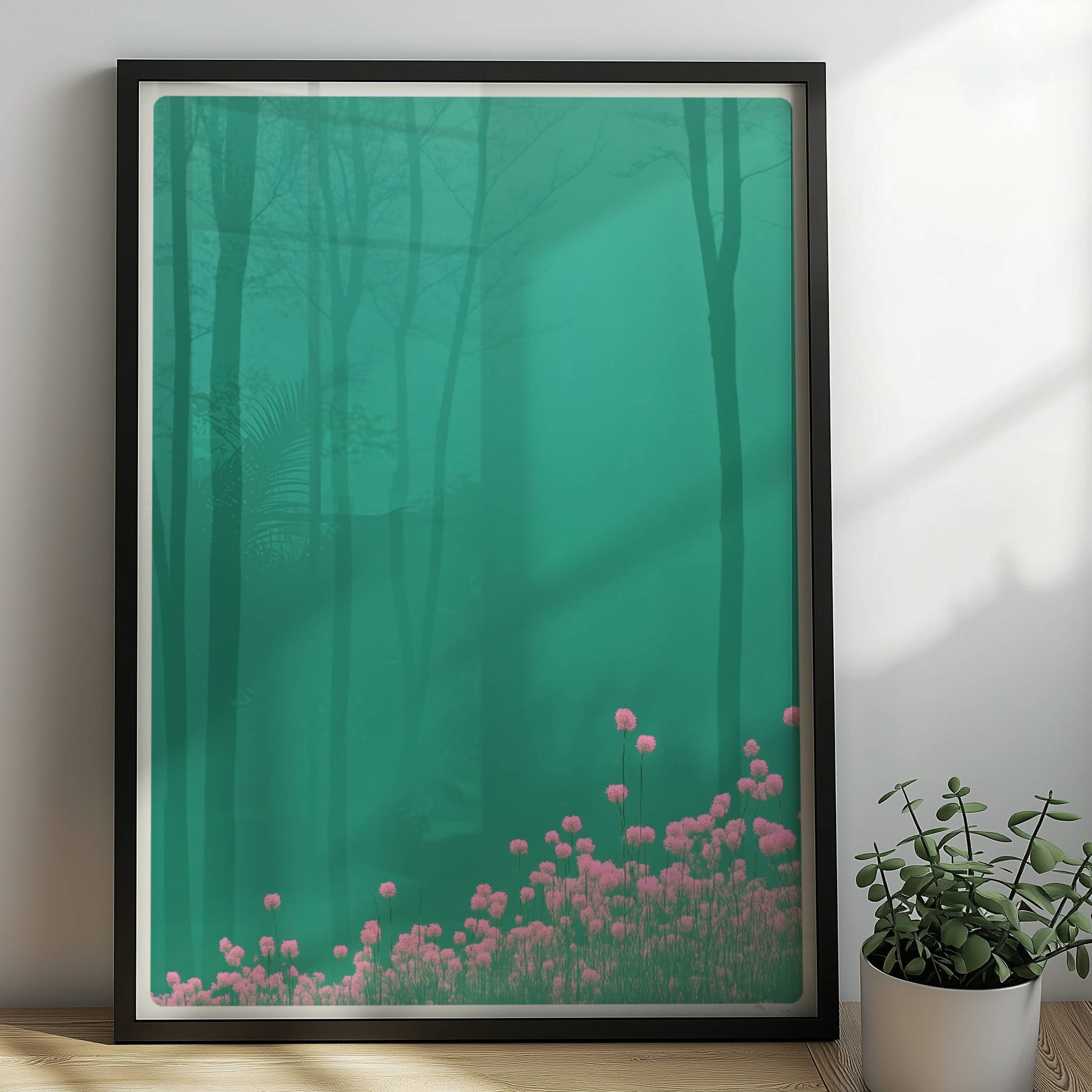 Waldszene mit rosa Blumen im Vordergrund.. Rahmen schwarz 50x70