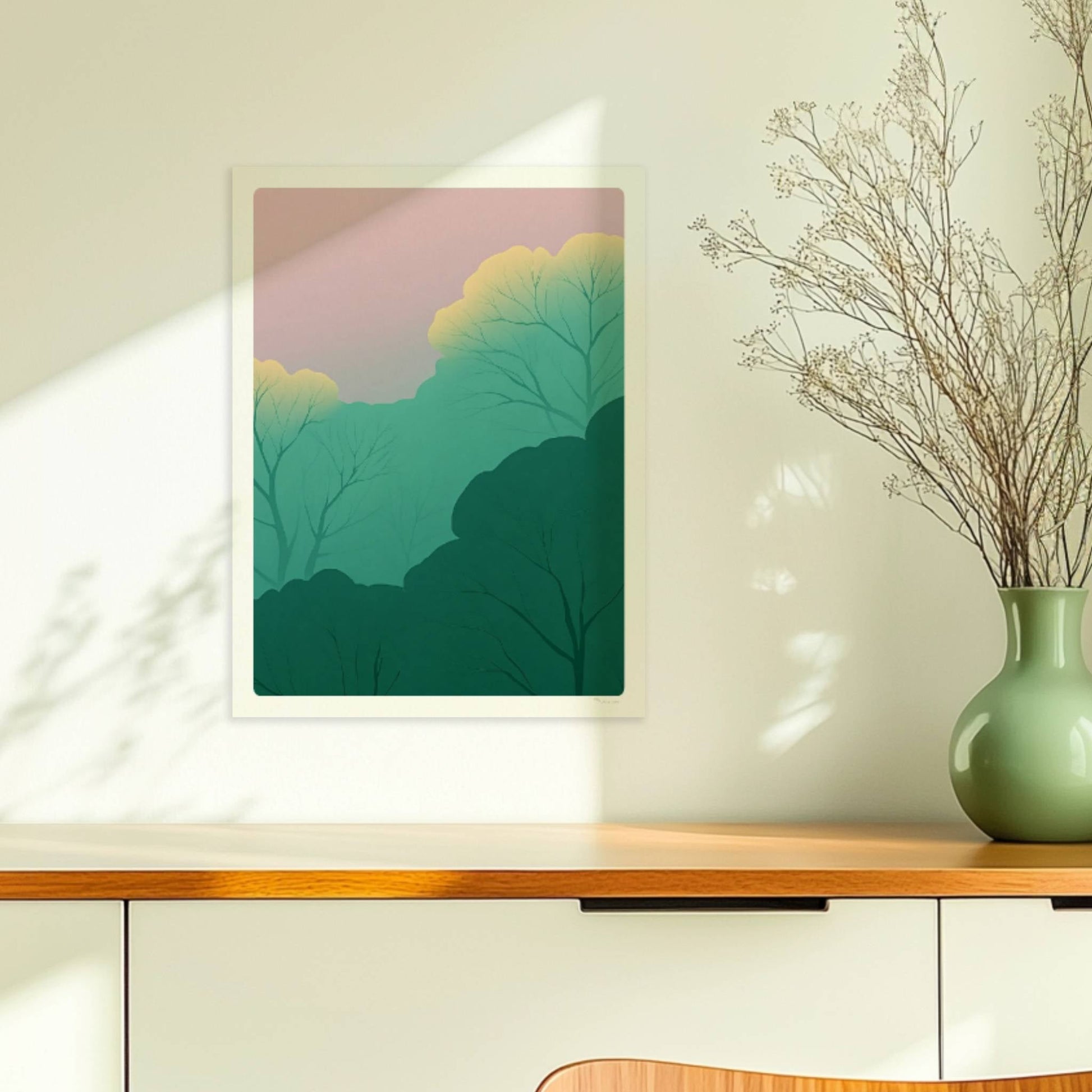 Waldlandschaft mit leuchtenden Baumkronen und Pastellhimmel.. Ohne Rahmen 30x40