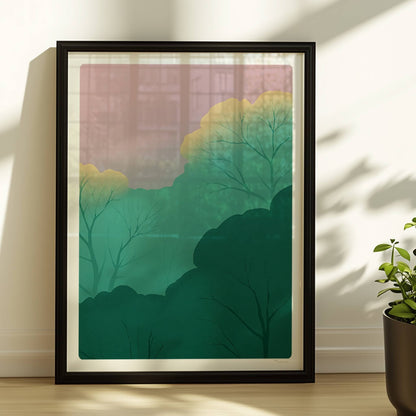 Waldlandschaft mit leuchtenden Baumkronen und Pastellhimmel.. Rahmen schwarz 30x40