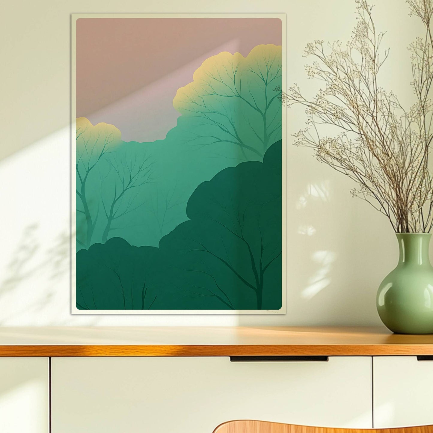 Waldlandschaft mit leuchtenden Baumkronen und Pastellhimmel.. Ohne Rahmen 50x70