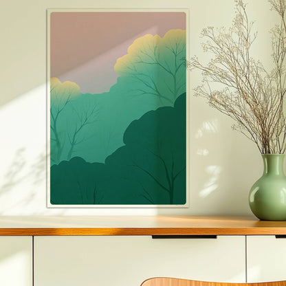Waldlandschaft mit leuchtenden Baumkronen und Pastellhimmel.. Ohne Rahmen 50x70