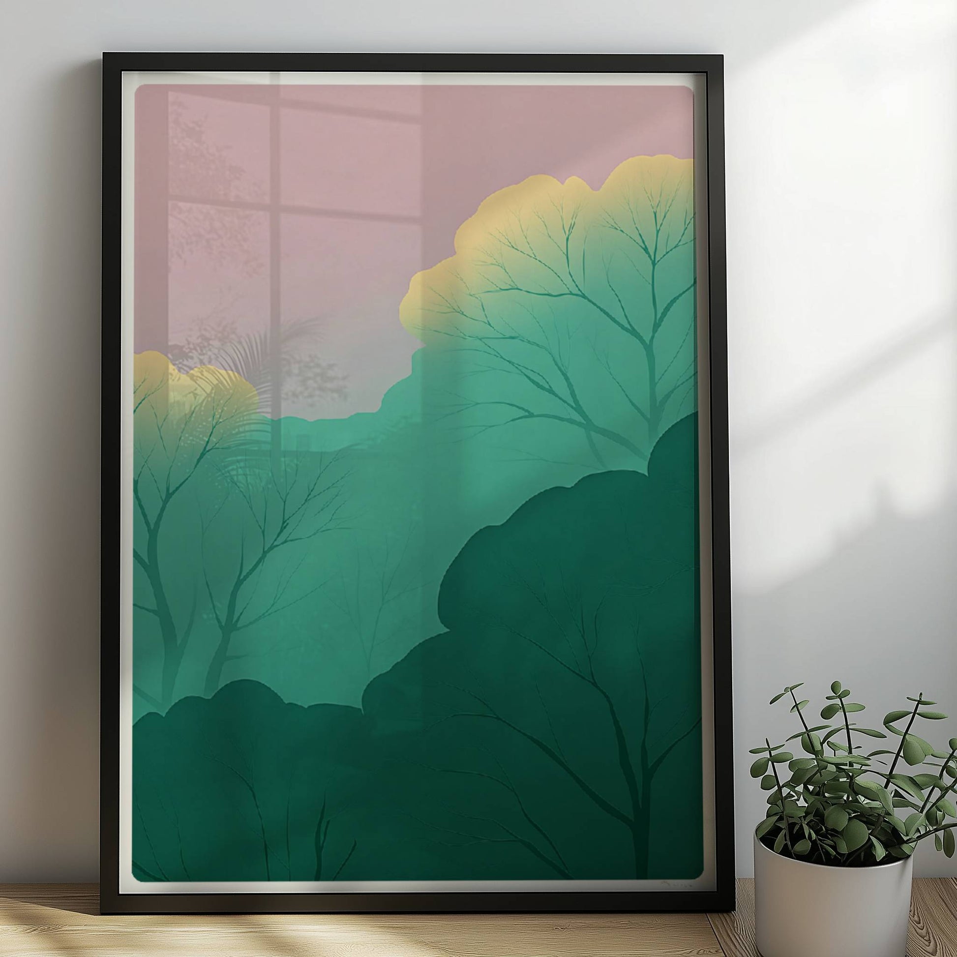 Waldlandschaft mit leuchtenden Baumkronen und Pastellhimmel.. Rahmen schwarz 50x70