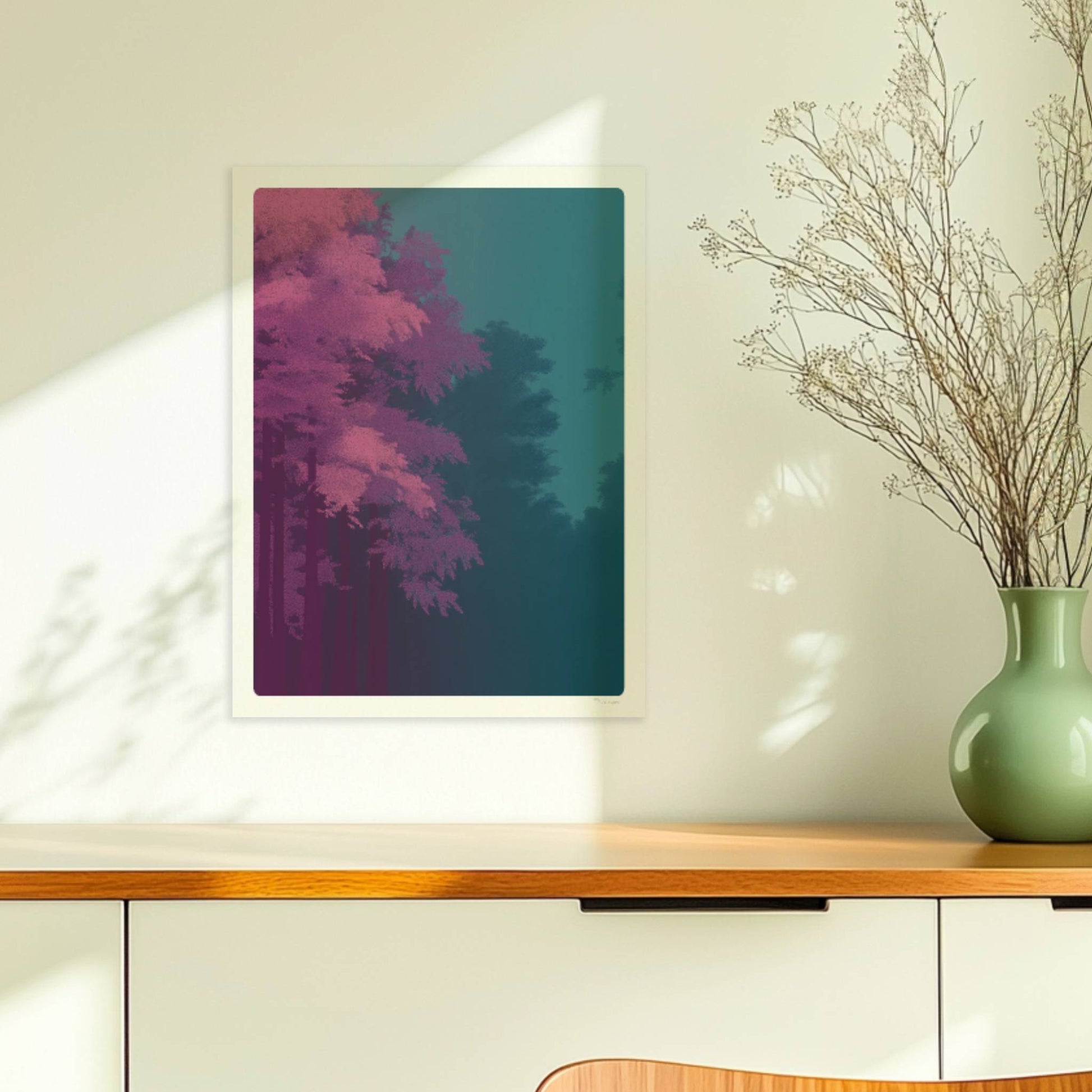 Waldlandschaft mit kräftig rosa Bäumen und dunklem Hintergrund.. Ohne Rahmen 30x40