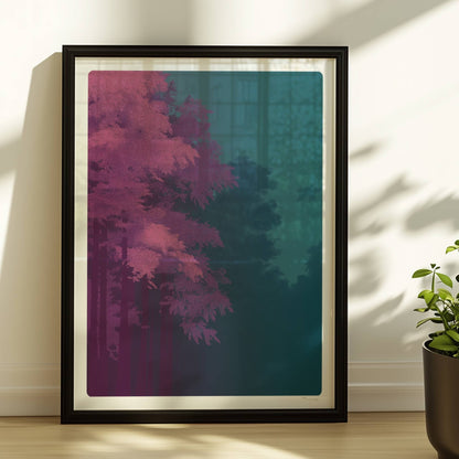 Waldlandschaft mit kräftig rosa Bäumen und dunklem Hintergrund.. Rahmen schwarz 30x40
