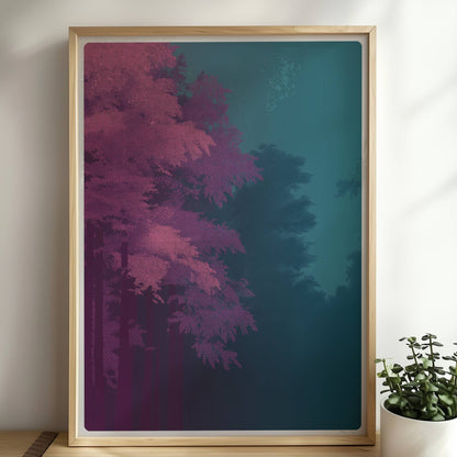Waldlandschaft mit kräftig rosa Bäumen und dunklem Hintergrund.. Rahmen natur 50x70