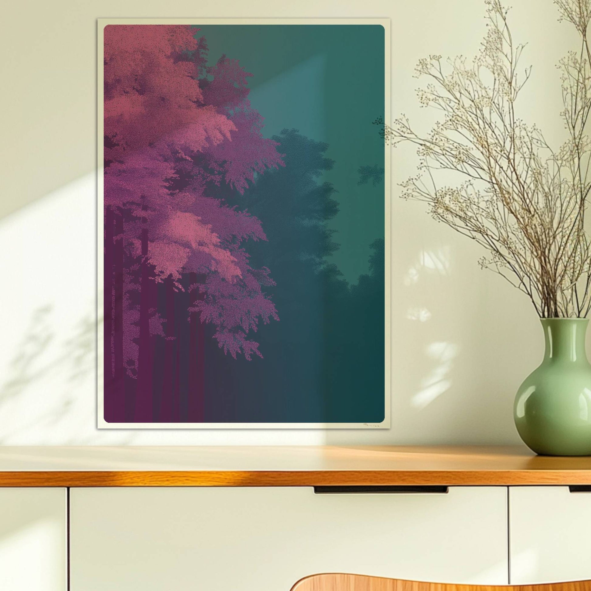 Waldlandschaft mit kräftig rosa Bäumen und dunklem Hintergrund.. Ohne Rahmen 50x70