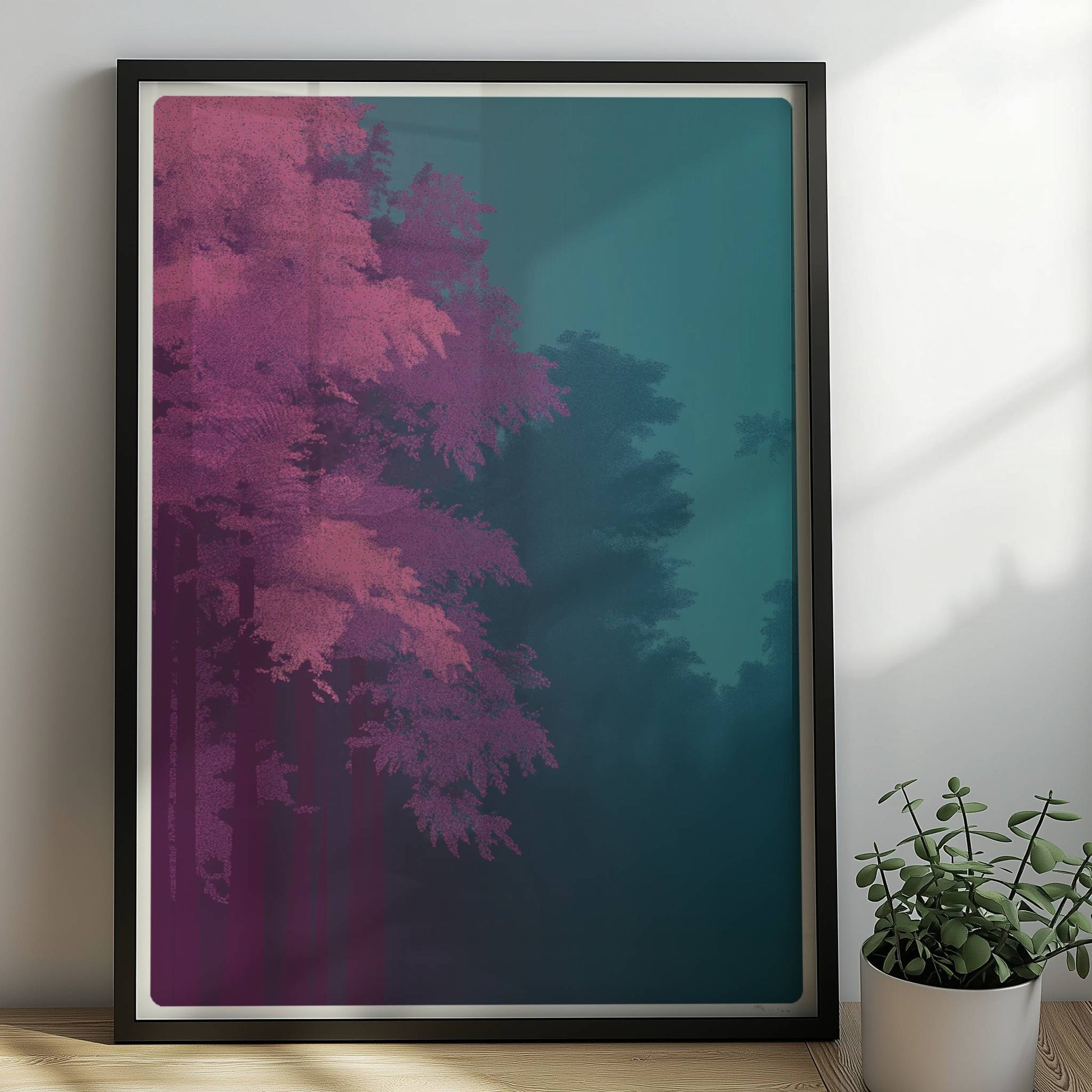 Waldlandschaft mit kräftig rosa Bäumen und dunklem Hintergrund.. Rahmen schwarz 50x70