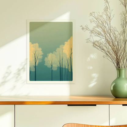 Waldmotiv mit zarten gelben Baumkronen im Nebel.. Ohne Rahmen 30x40