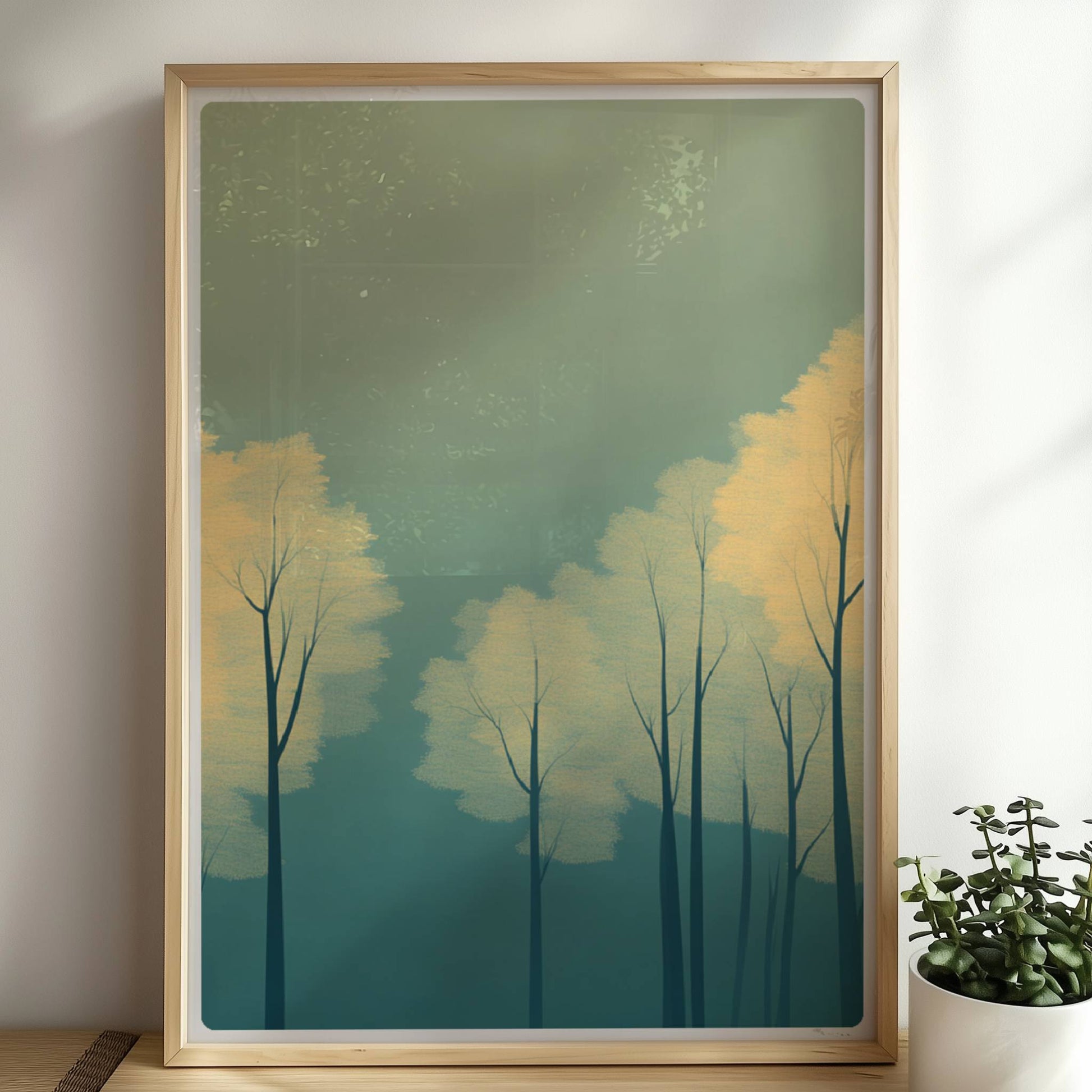 Waldmotiv mit zarten gelben Baumkronen im Nebel.. Rahmen natur 50x70