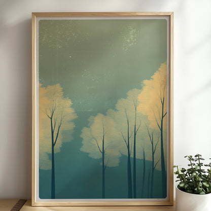 Waldmotiv mit zarten gelben Baumkronen im Nebel.. Rahmen natur 50x70