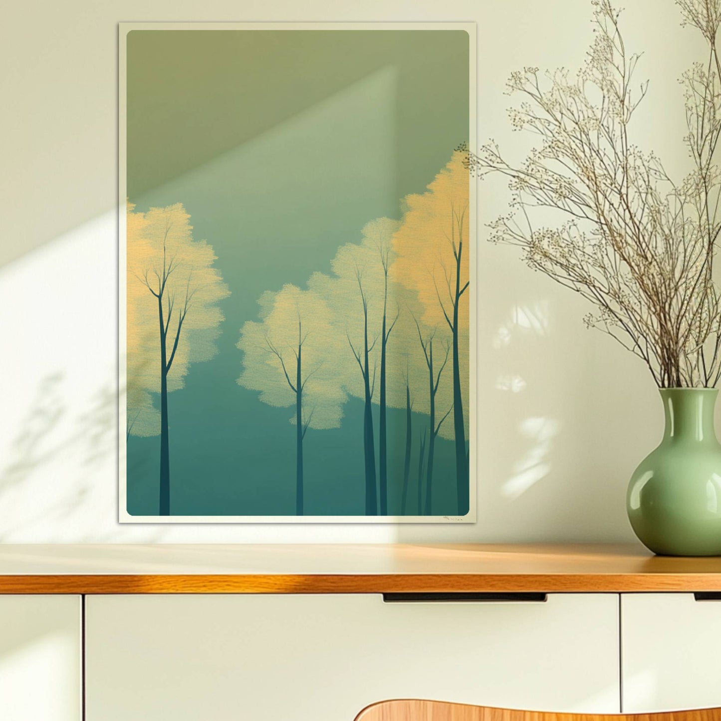 Waldmotiv mit zarten gelben Baumkronen im Nebel.. Ohne Rahmen 50x70