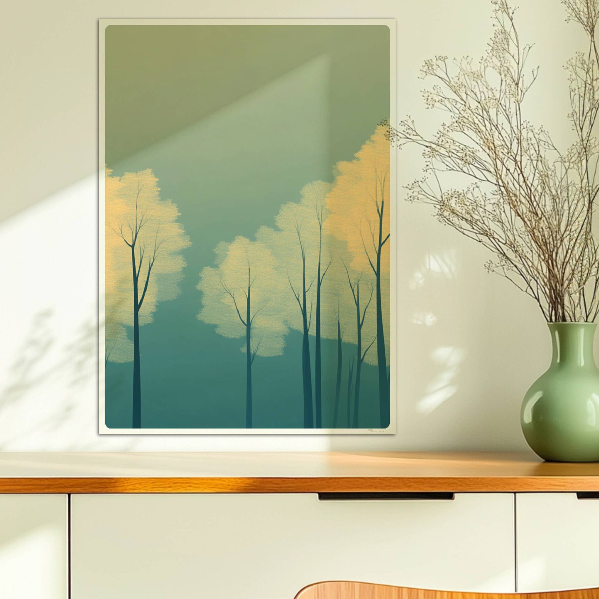 Waldmotiv mit zarten gelben Baumkronen im Nebel.. Ohne Rahmen 50x70