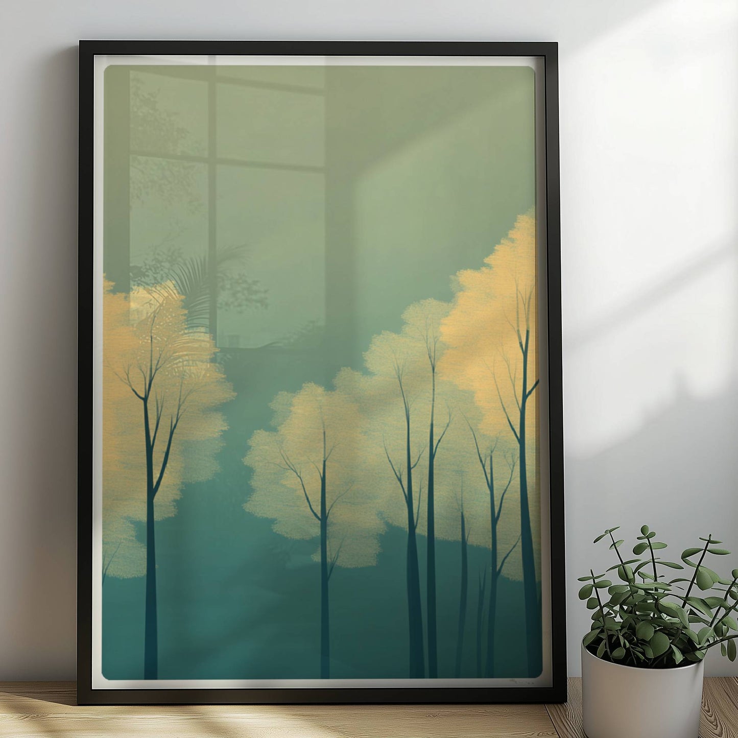 Waldmotiv mit zarten gelben Baumkronen im Nebel.. Rahmen schwarz 50x70