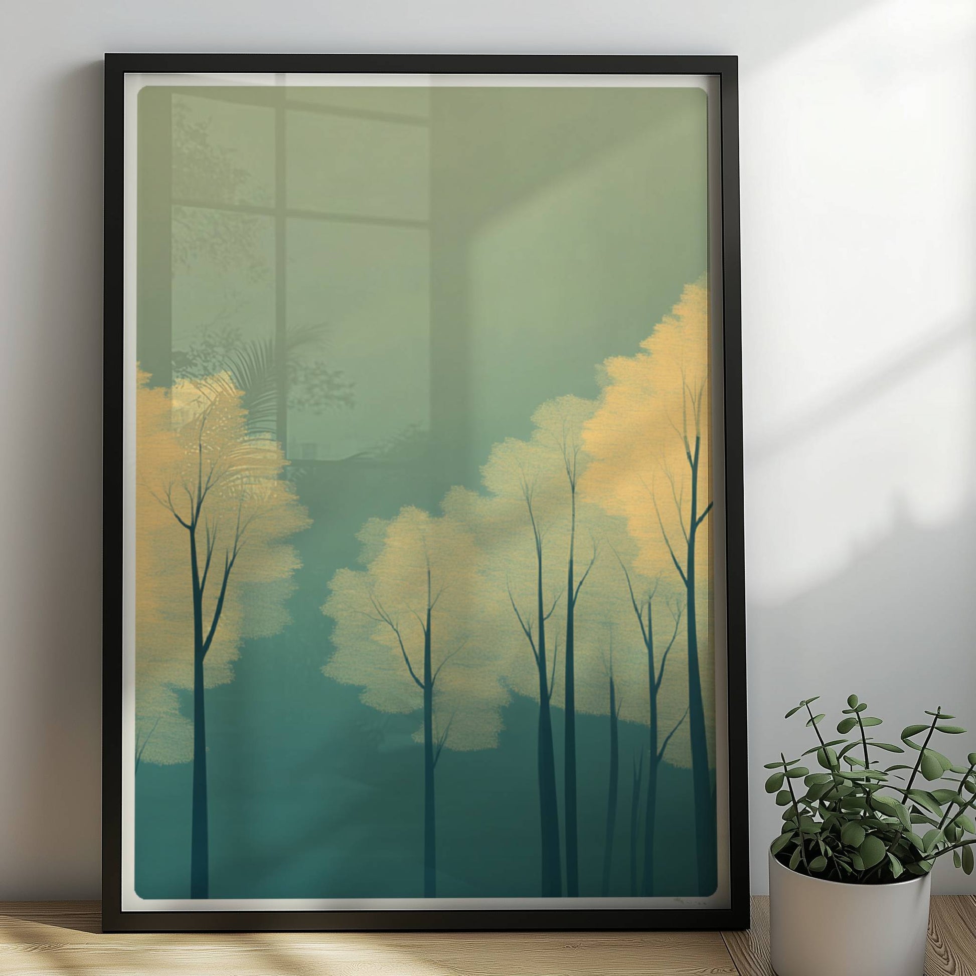 Waldmotiv mit zarten gelben Baumkronen im Nebel.. Rahmen schwarz 50x70