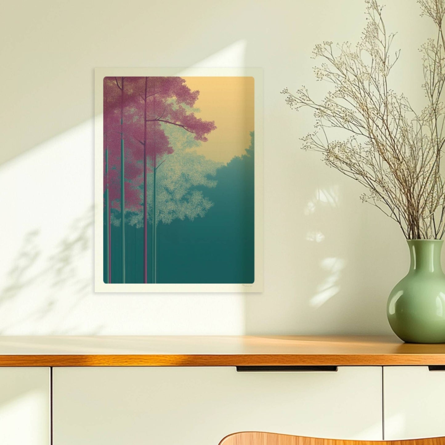 Hellrosa und weiße Bäume vor goldenem Himmel.. Ohne Rahmen 30x40