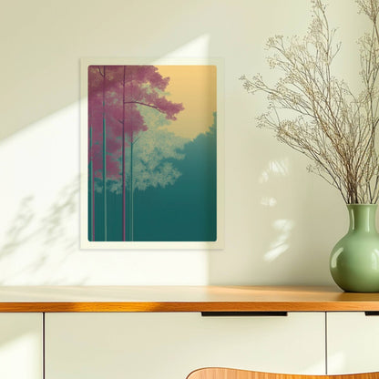 Hellrosa und weiße Bäume vor goldenem Himmel.. Ohne Rahmen 30x40