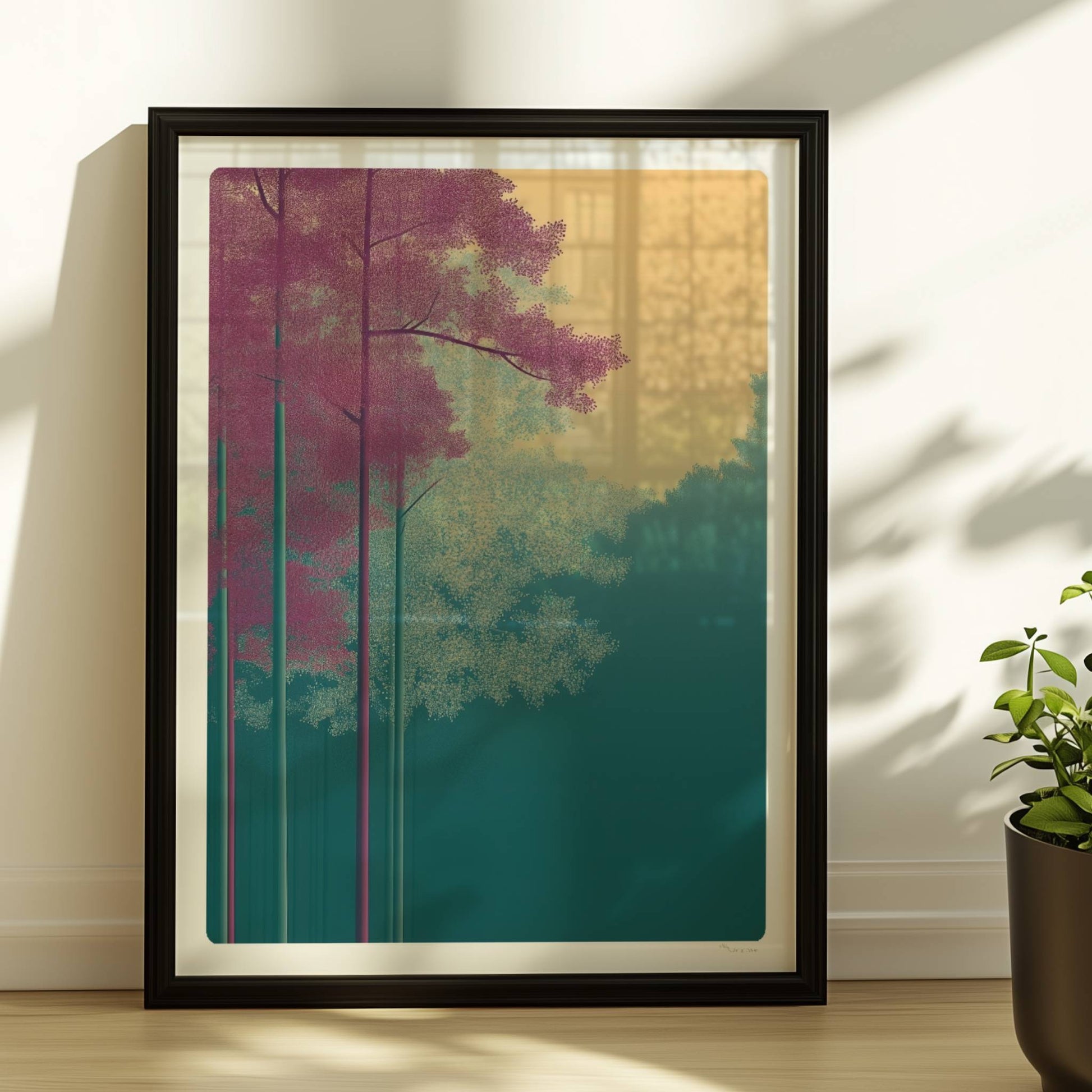 Hellrosa und weiße Bäume vor goldenem Himmel.. Rahmen schwarz 30x40