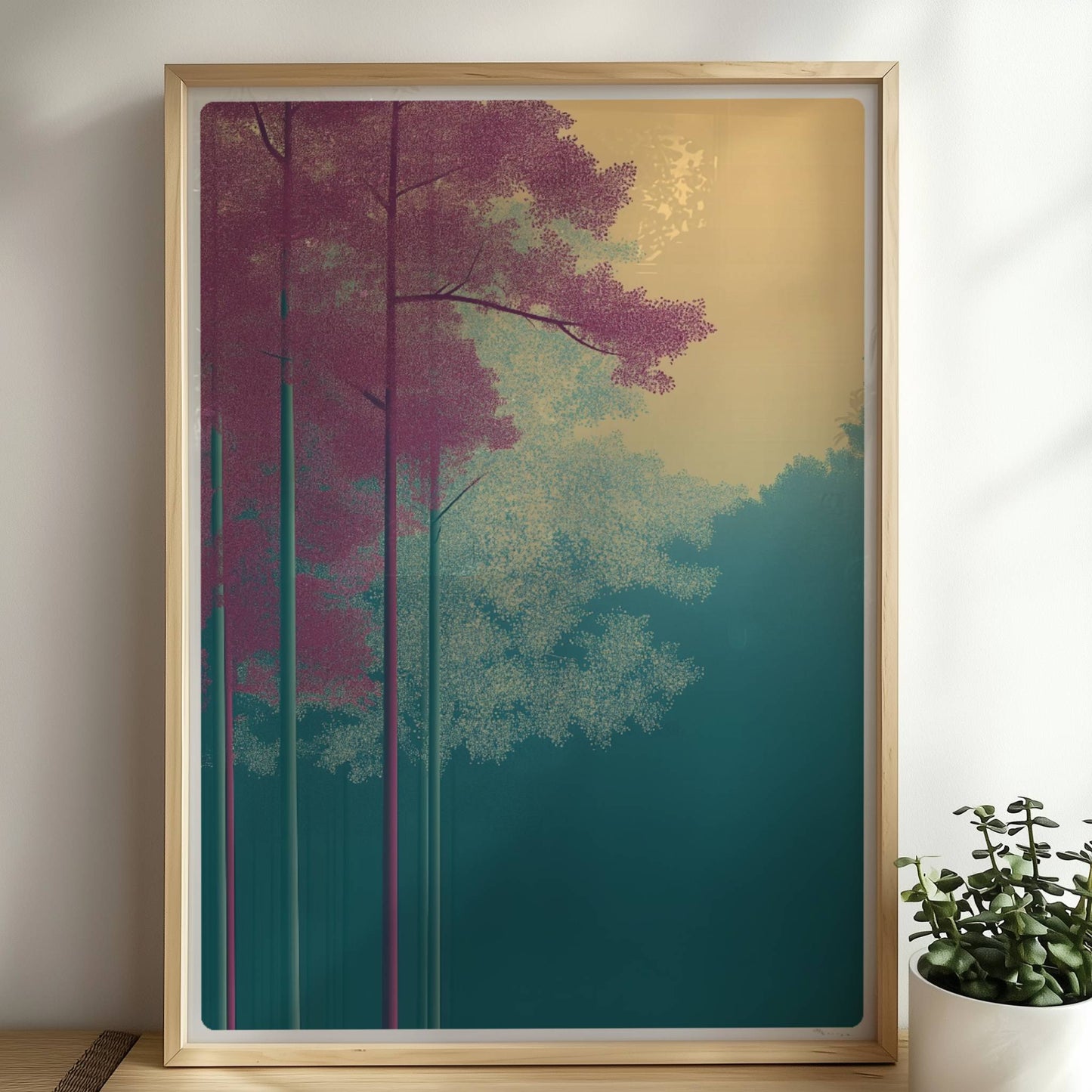 Hellrosa und weiße Bäume vor goldenem Himmel.. Rahmen natur 50x70