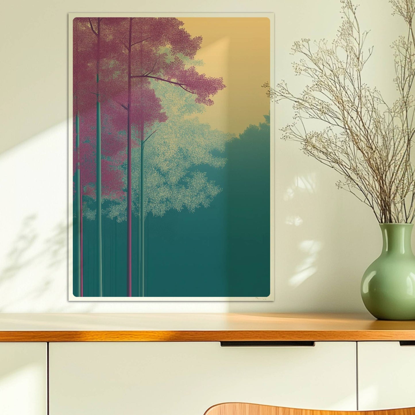 Hellrosa und weiße Bäume vor goldenem Himmel.. Ohne Rahmen 50x70