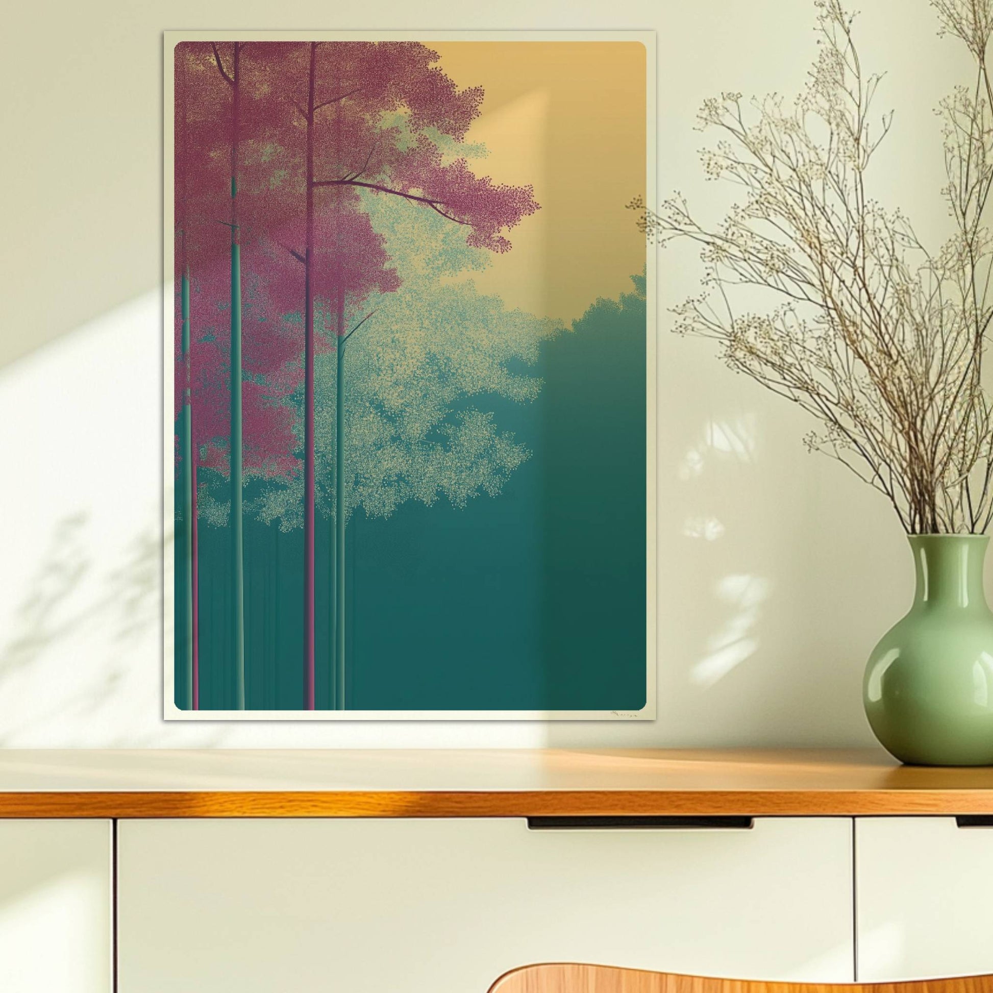 Hellrosa und weiße Bäume vor goldenem Himmel.. Ohne Rahmen 50x70