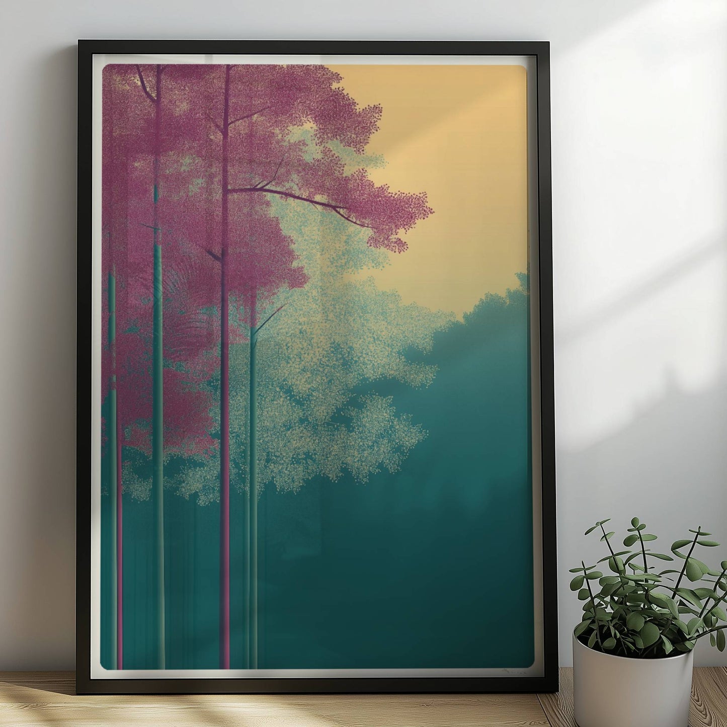 Hellrosa und weiße Bäume vor goldenem Himmel.. Rahmen schwarz 50x70