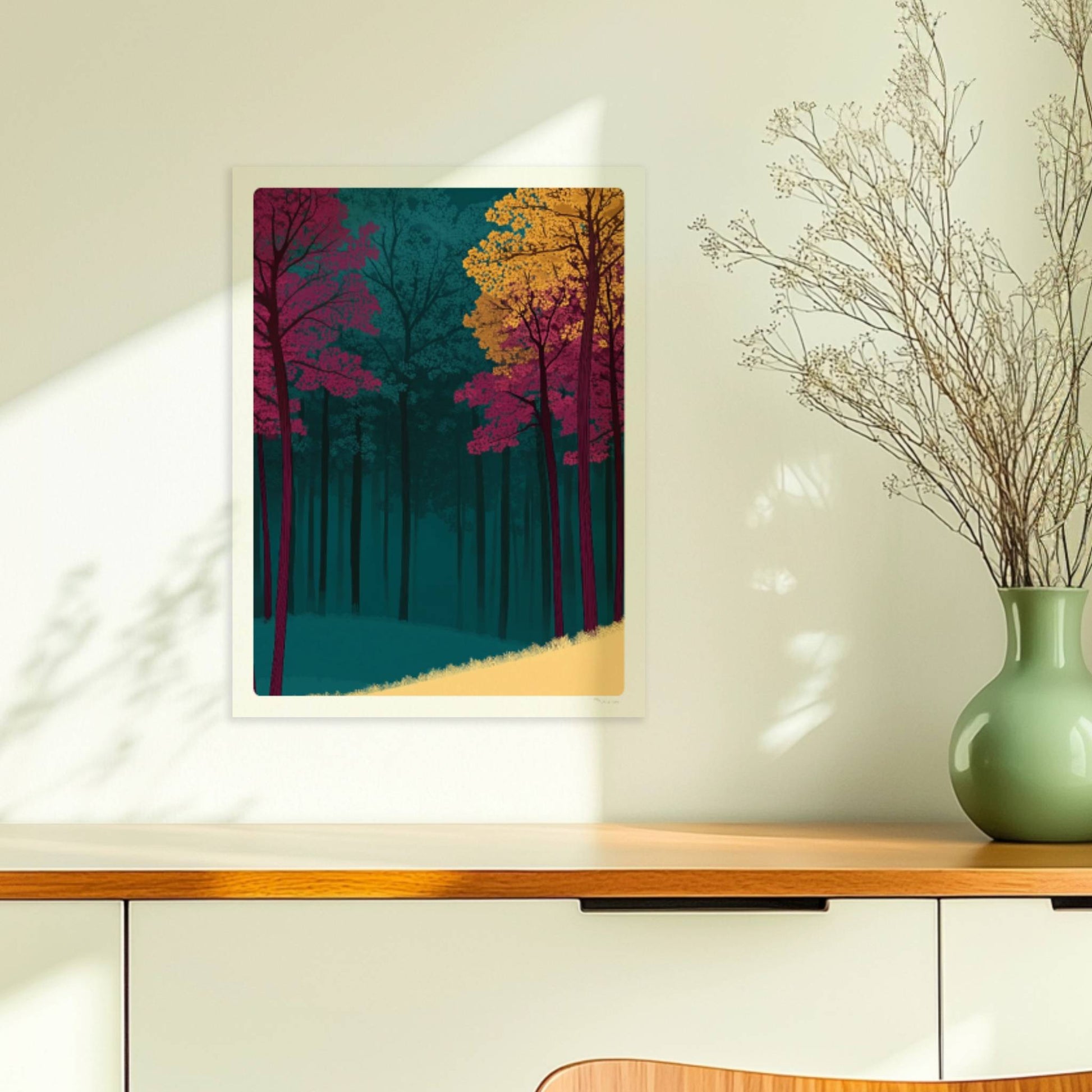 Waldhang mit kräftig rosa und gelben Bäumen.. Ohne Rahmen 30x40