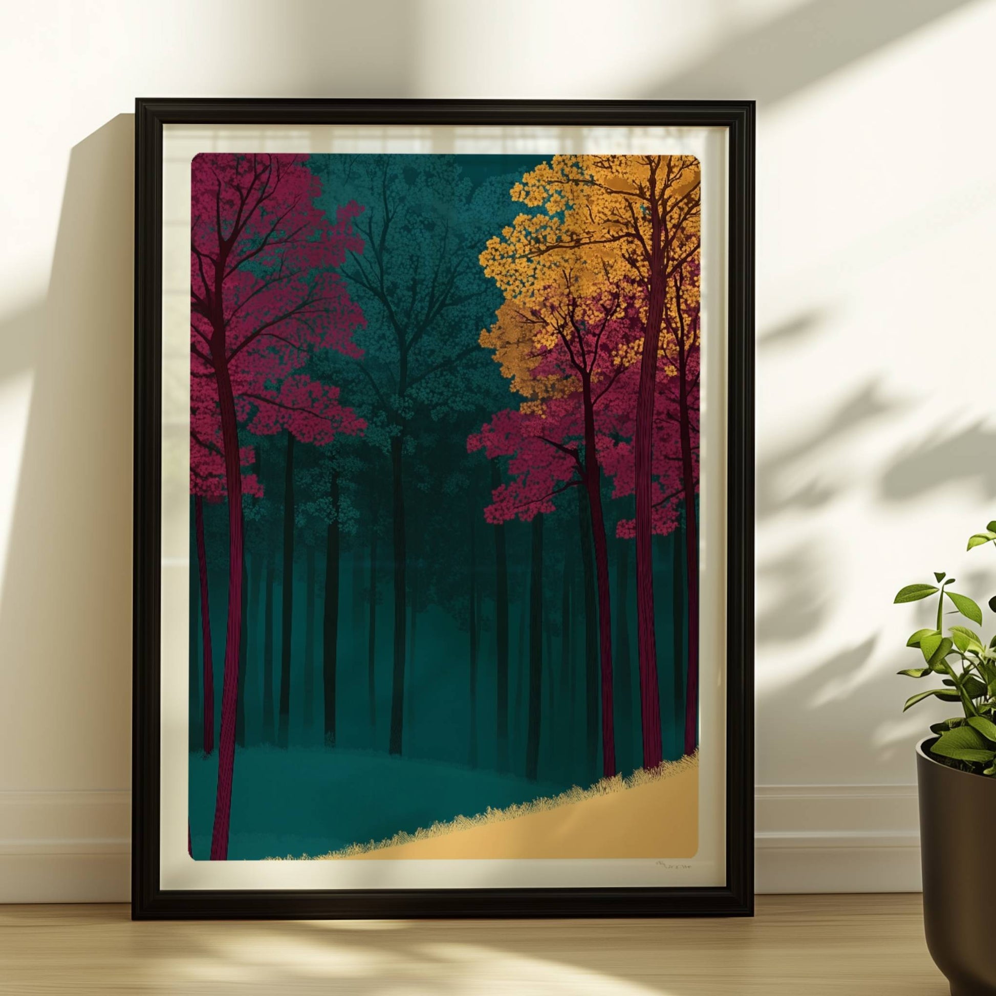 Waldhang mit kräftig rosa und gelben Bäumen.. Rahmen schwarz 30x40