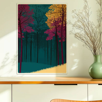 Waldhang mit kräftig rosa und gelben Bäumen.. Ohne Rahmen 50x70