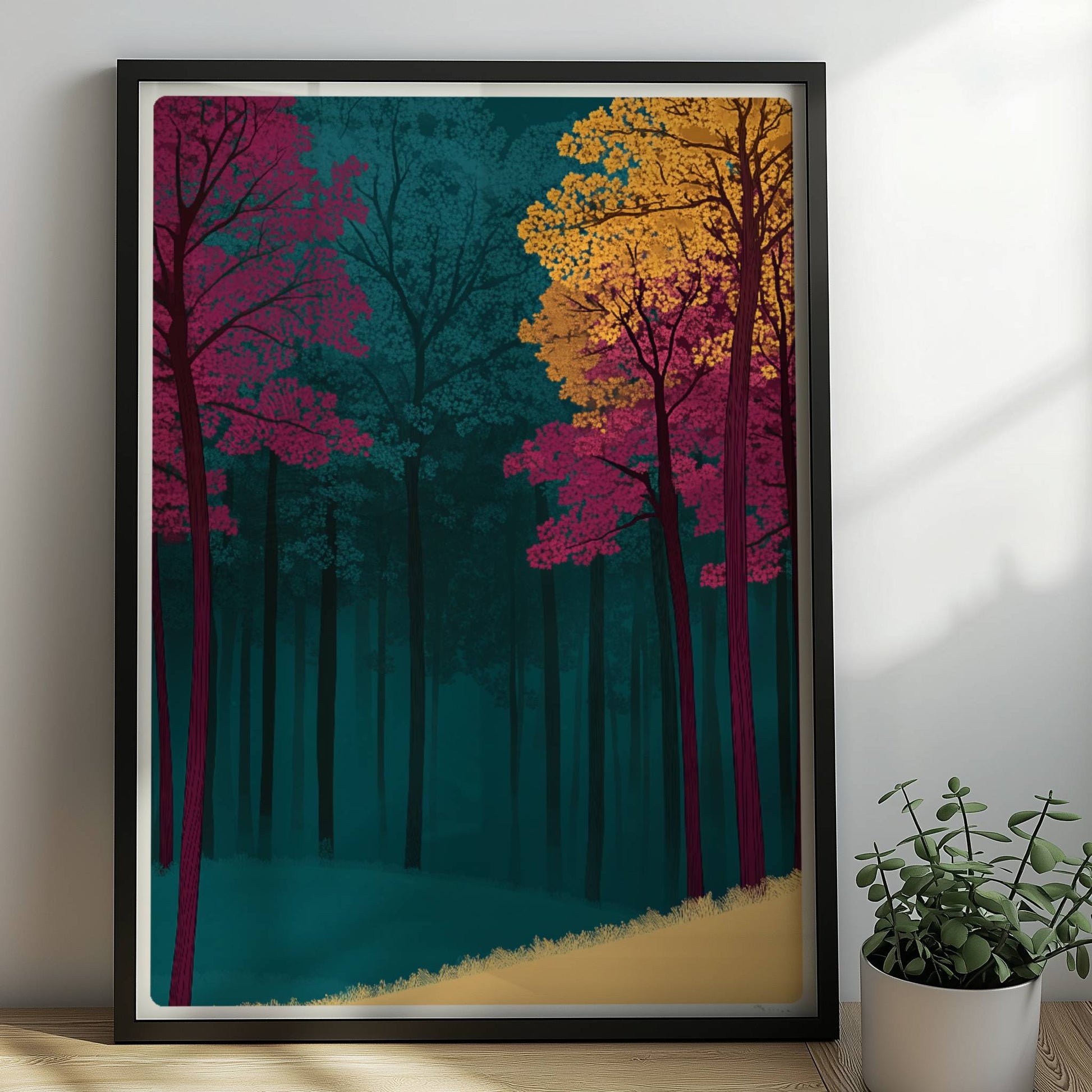 Waldhang mit kräftig rosa und gelben Bäumen.. Rahmen schwarz 50x70