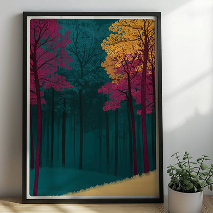Waldhang mit kräftig rosa und gelben Bäumen.. Rahmen schwarz 50x70