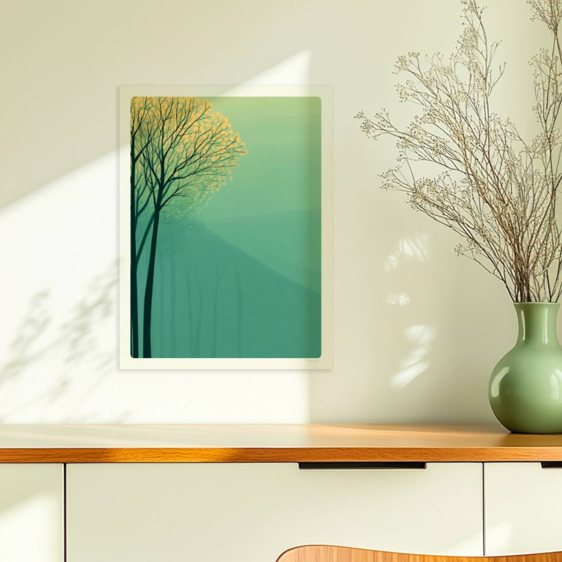 Waldszene mit gelben Bäumen und Hügelhintergrund.. Ohne Rahmen 30x40
