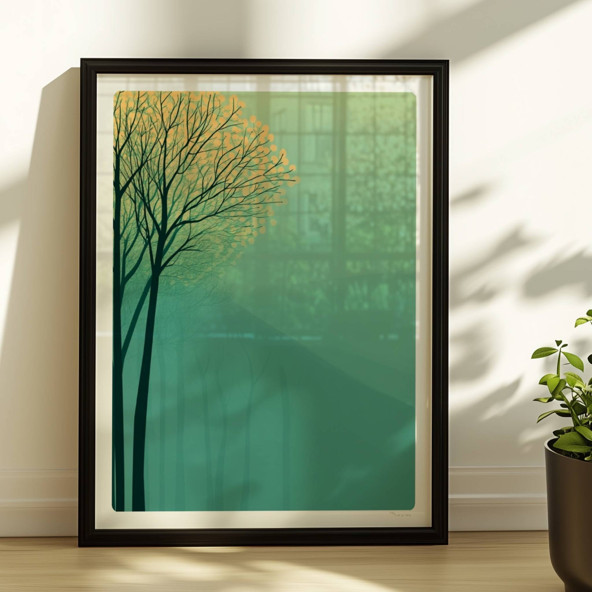 Waldszene mit gelben Bäumen und Hügelhintergrund.. Rahmen schwarz 30x40