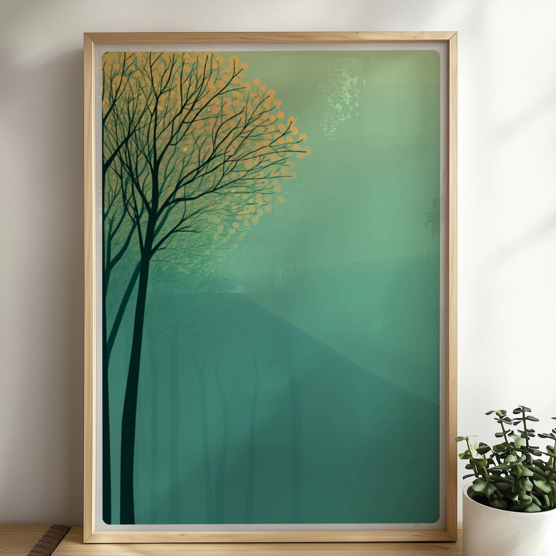 Waldszene mit gelben Bäumen und Hügelhintergrund.. Rahmen natur 50x70