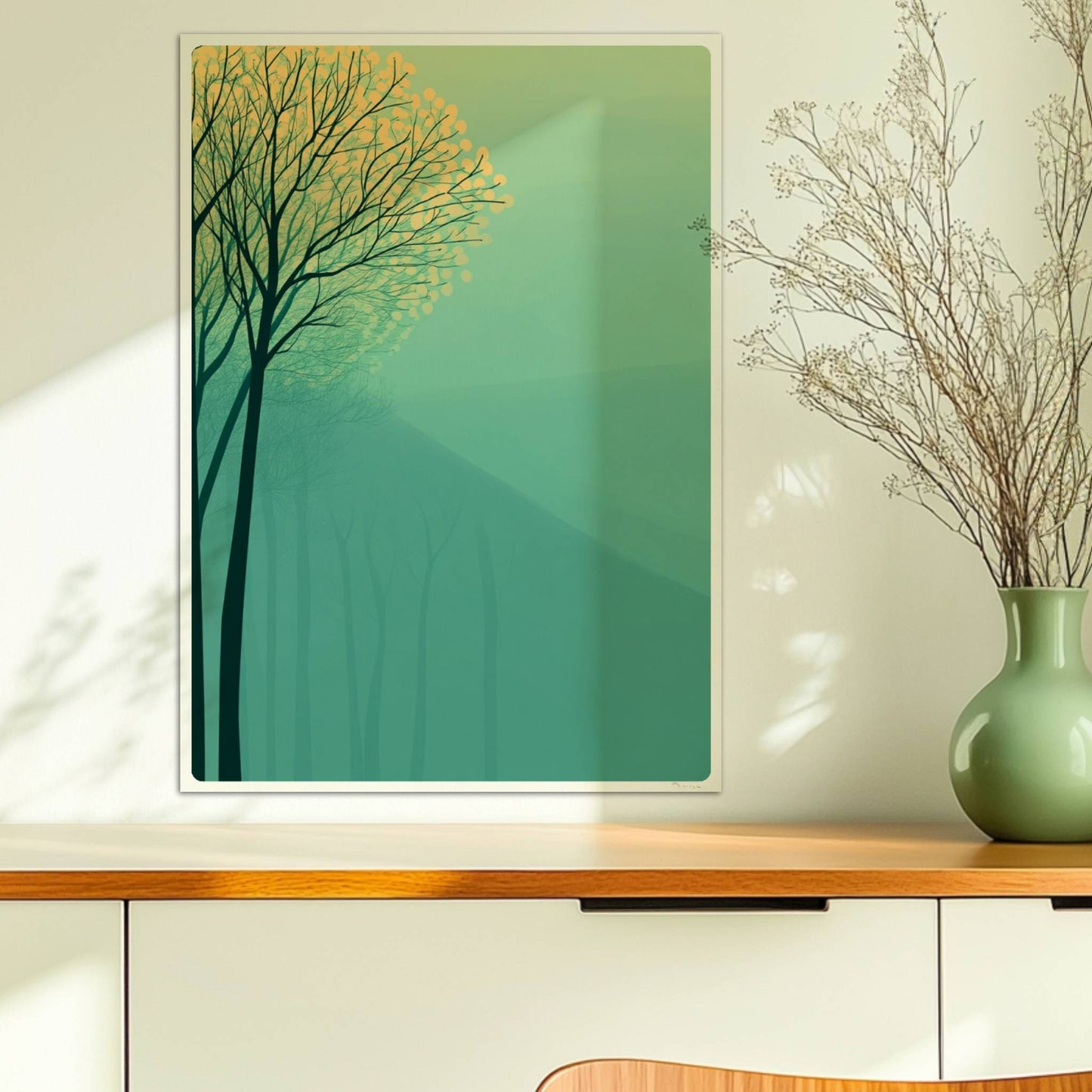 Waldszene mit gelben Bäumen und Hügelhintergrund.. Ohne Rahmen 50x70