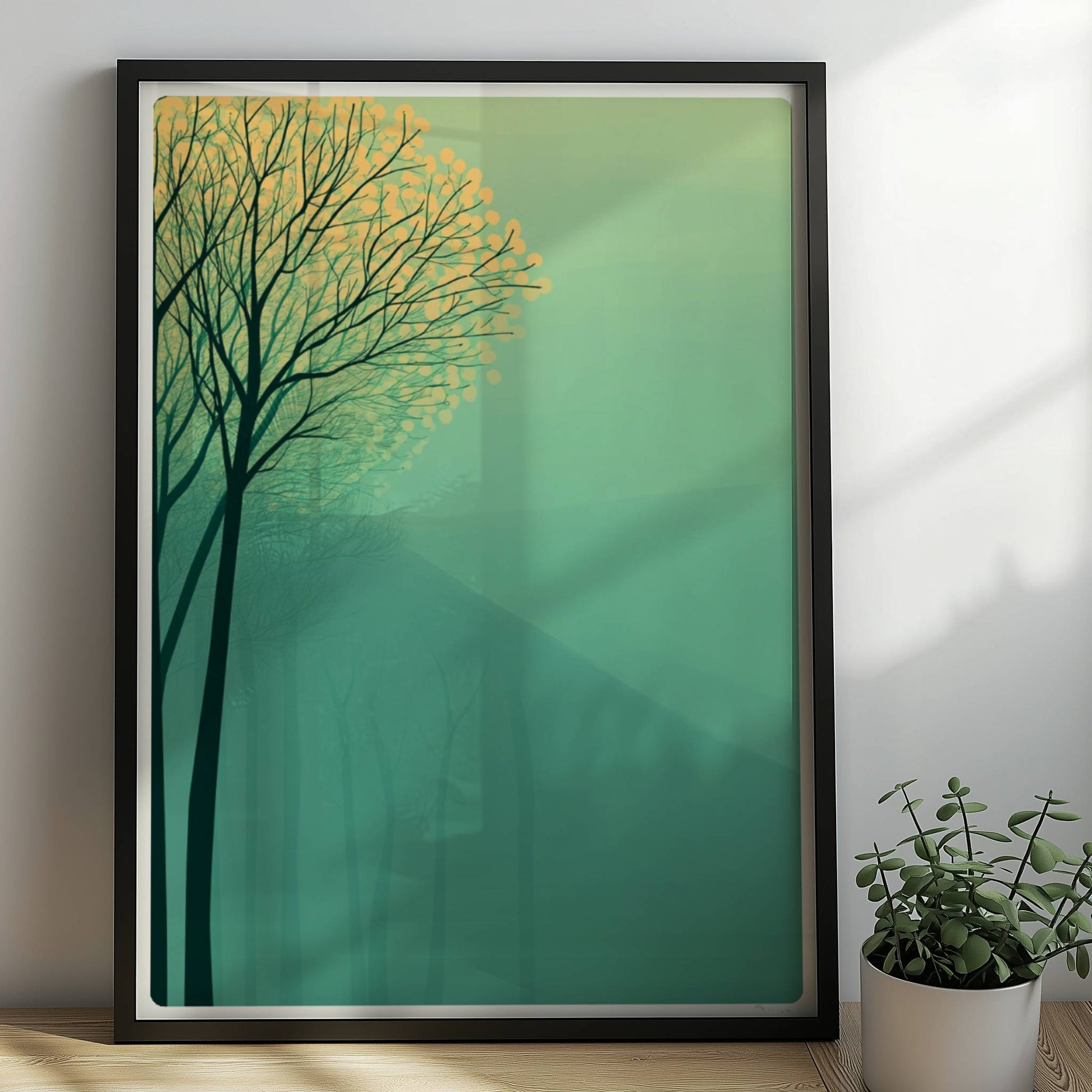 Waldszene mit gelben Bäumen und Hügelhintergrund.. Rahmen schwarz 50x70