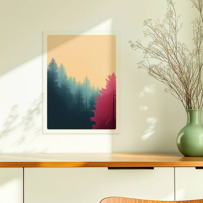 Waldimpression mit rosa Bäumen und Morgendunst.. Ohne Rahmen 30x40