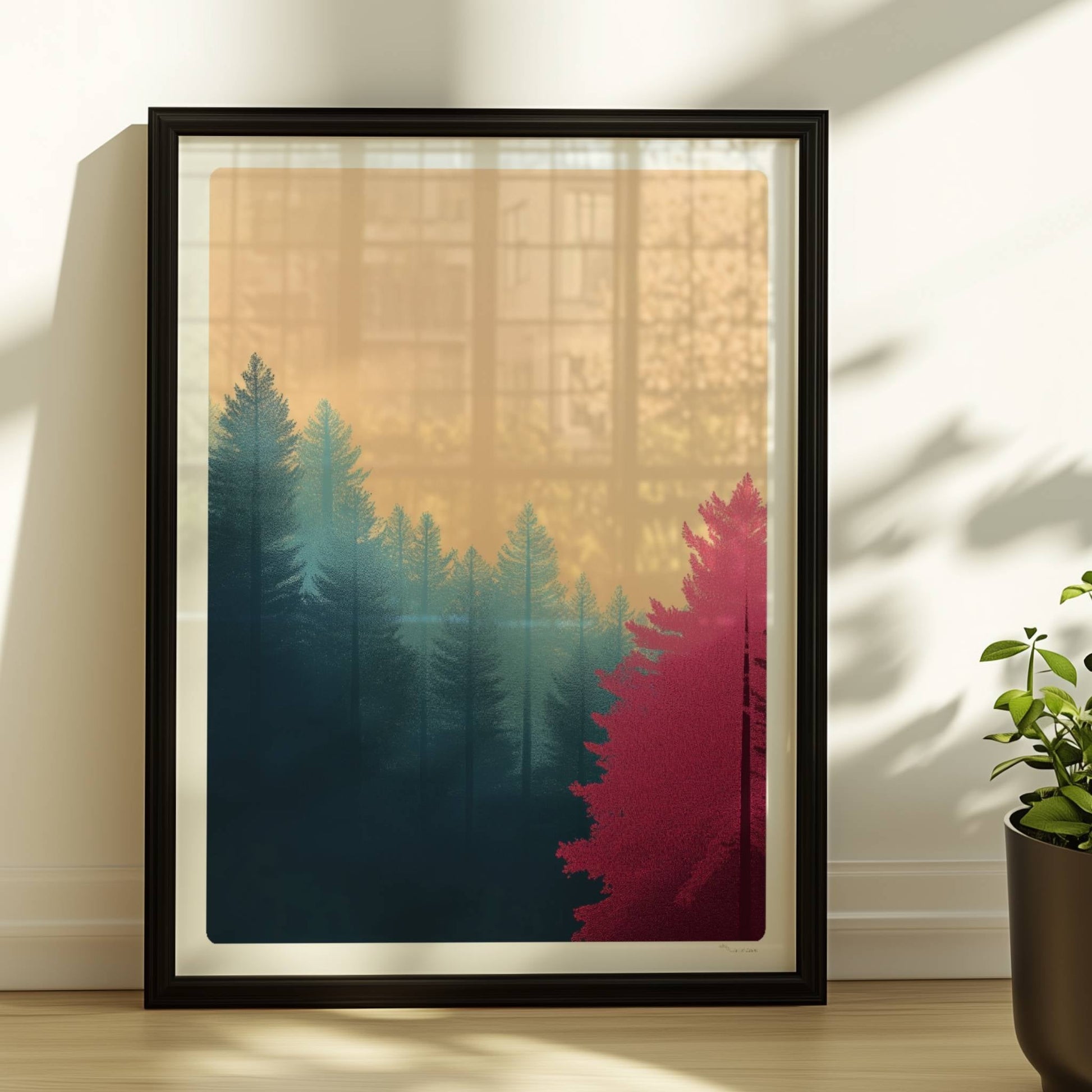 Waldimpression mit rosa Bäumen und Morgendunst.. Rahmen schwarz 30x40