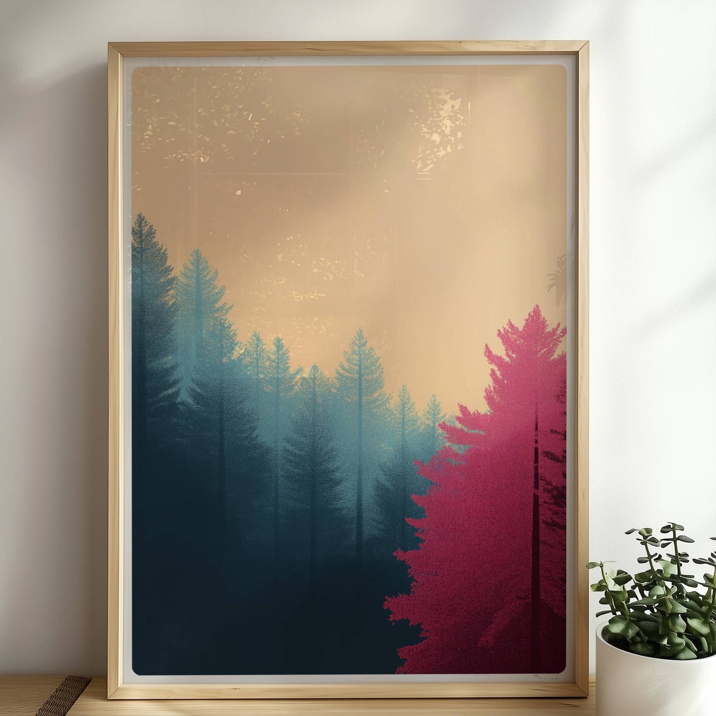 Waldimpression mit rosa Bäumen und Morgendunst.. Rahmen natur 50x70