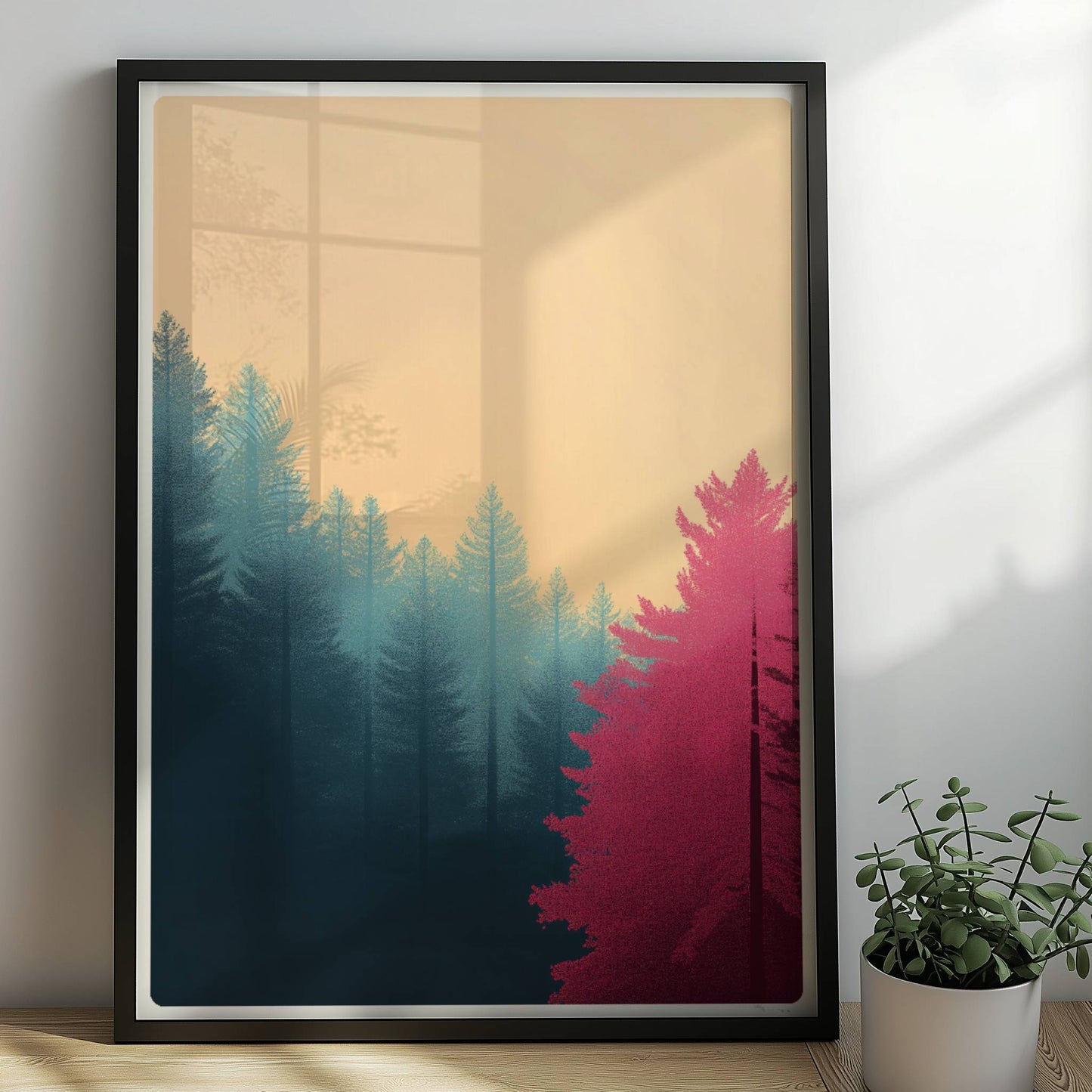 Waldimpression mit rosa Bäumen und Morgendunst.. Rahmen schwarz 50x70