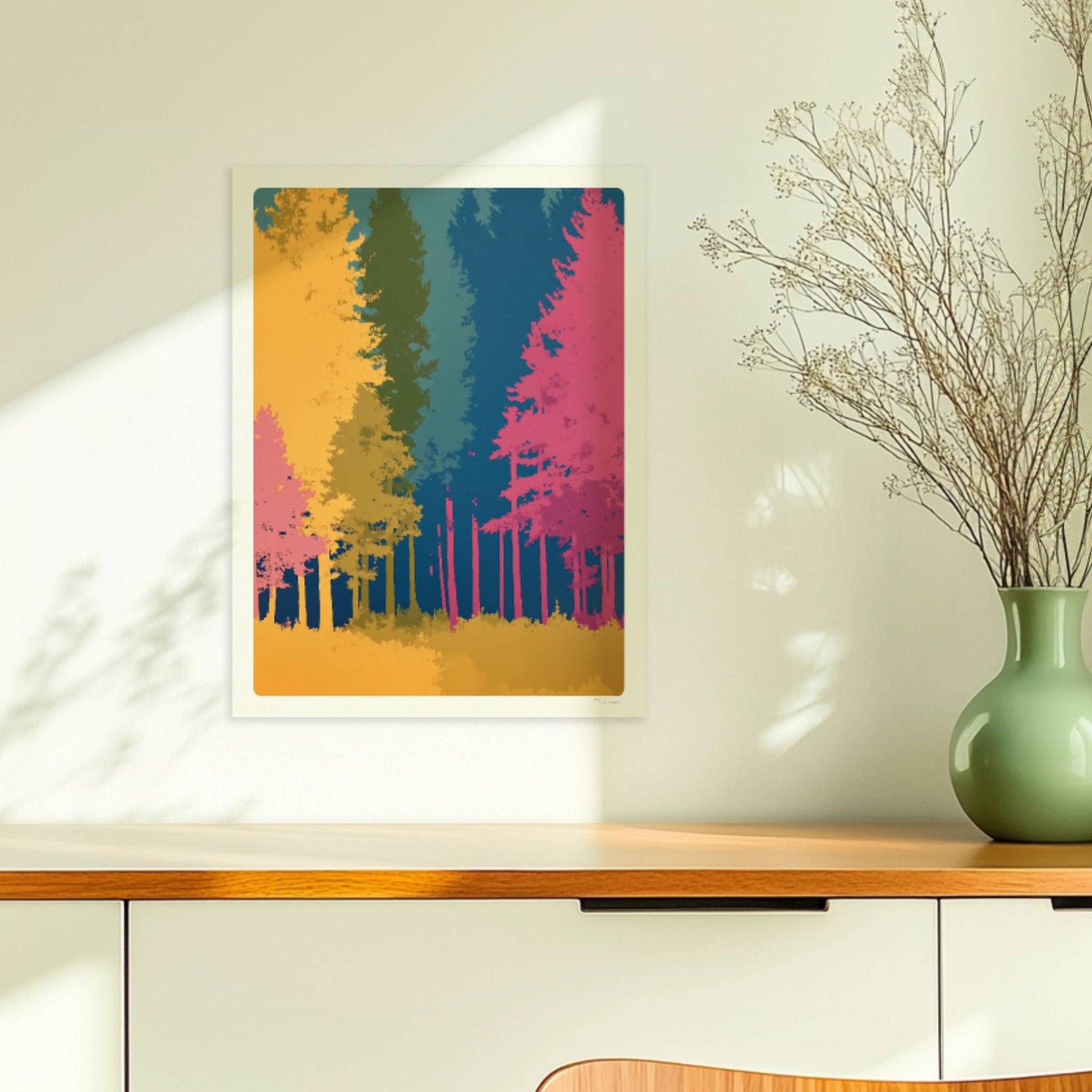 Waldszene mit bunten Bäumen auf blauem Hintergrund.. Ohne Rahmen 30x40