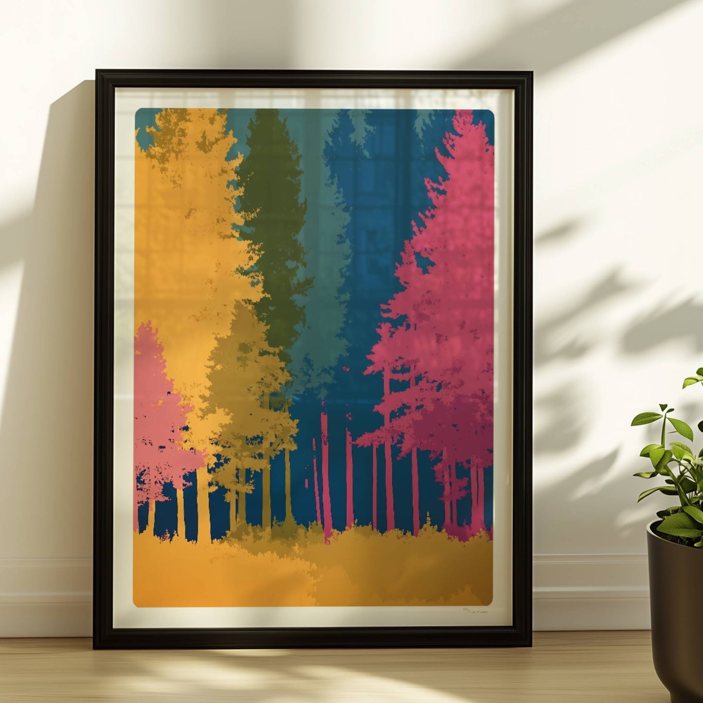Waldszene mit bunten Bäumen auf blauem Hintergrund.. Rahmen schwarz 30x40