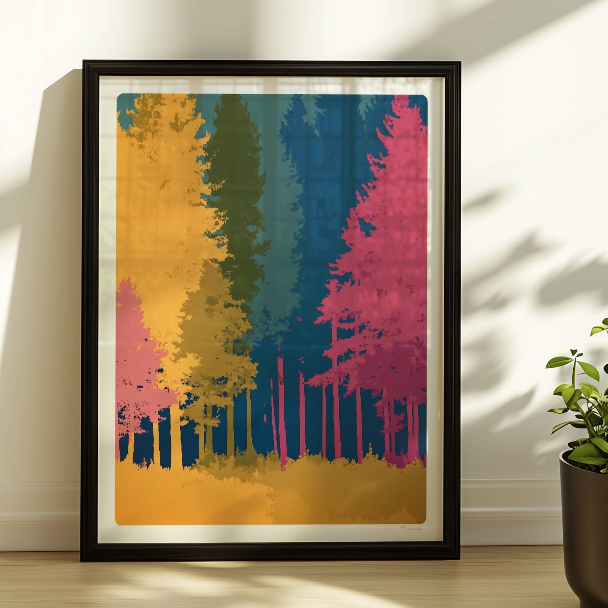 Waldszene mit bunten Bäumen auf blauem Hintergrund.. Rahmen schwarz 30x40
