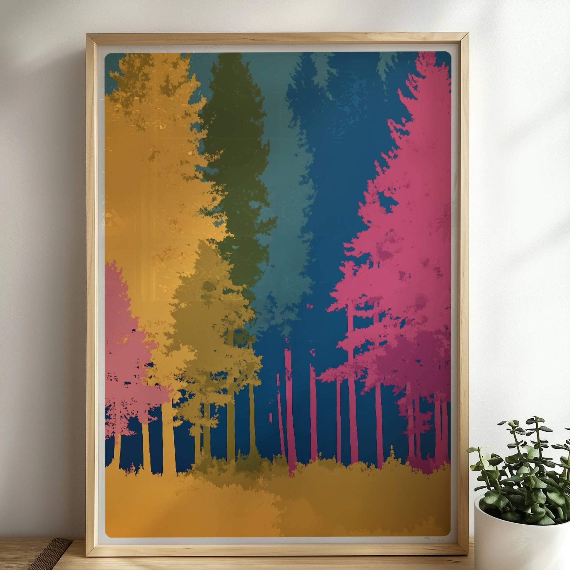 Waldszene mit bunten Bäumen auf blauem Hintergrund.. Rahmen natur 50x70