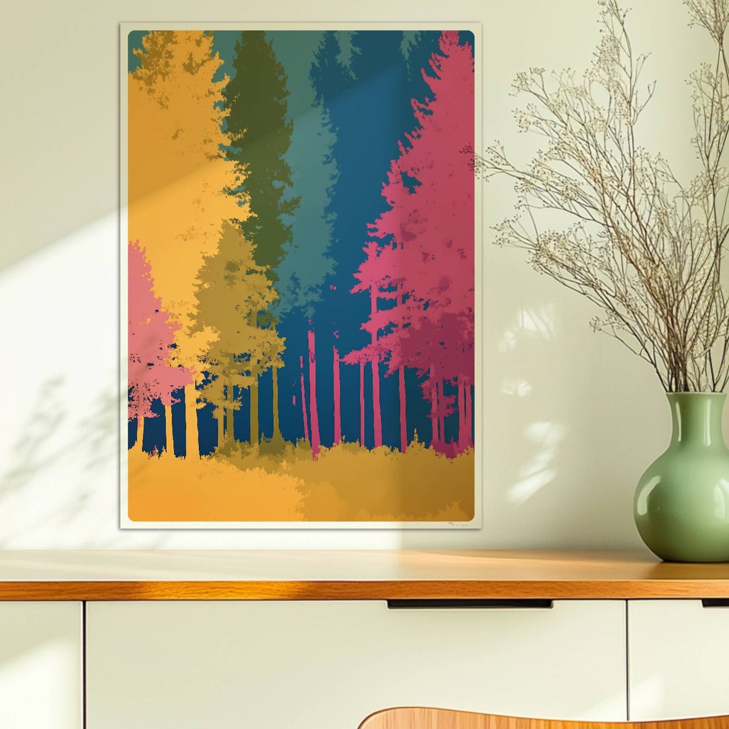 Waldszene mit bunten Bäumen auf blauem Hintergrund.. Ohne Rahmen 50x70