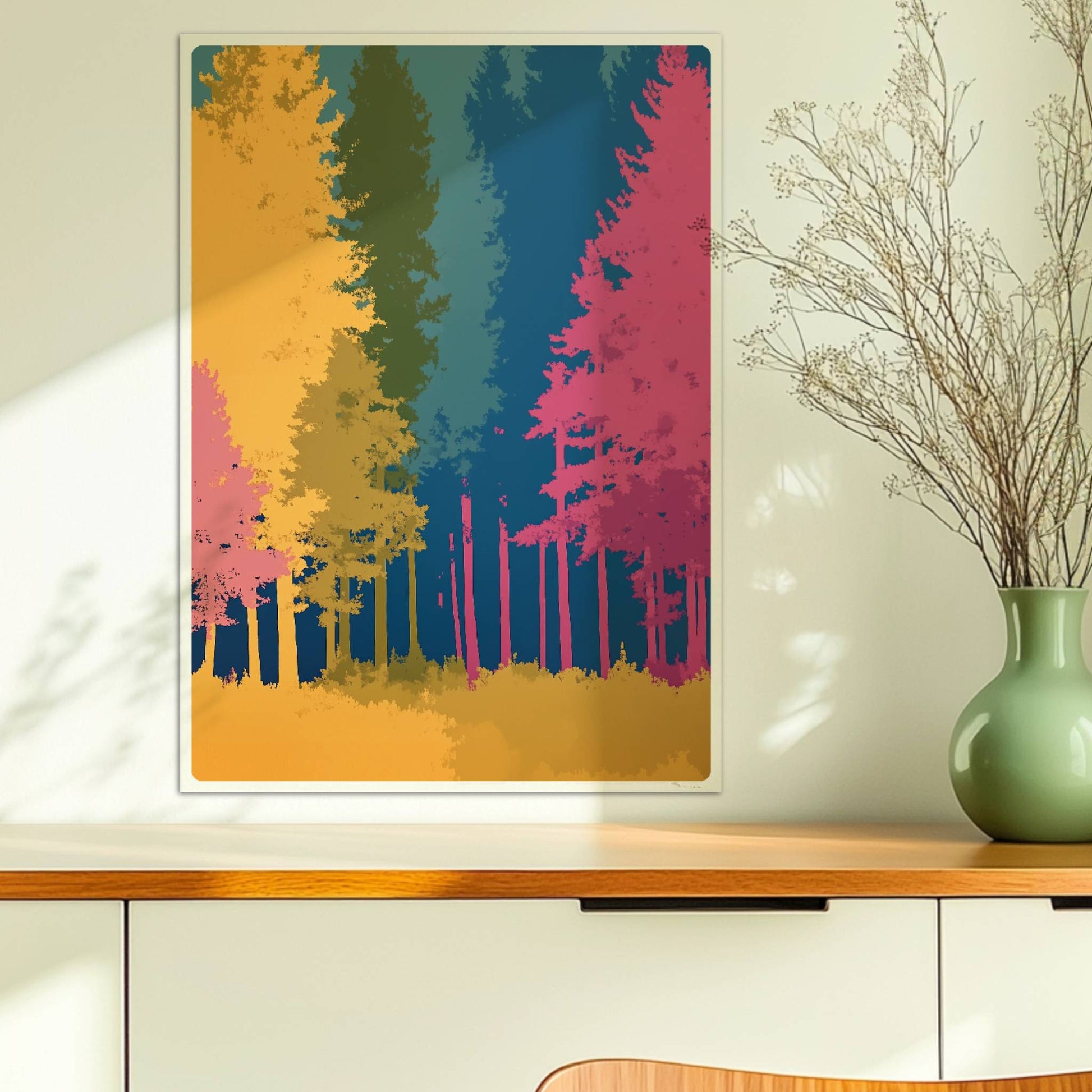 Waldszene mit bunten Bäumen auf blauem Hintergrund.. Ohne Rahmen 50x70